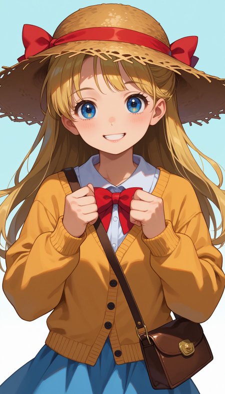 score_9, score_8_up, score_7_up, score_6_up, , solo, 20yo woman, (Beuty:1.1) , (cute:1.3), ,perfecteyes , seductive smile,perfect , (simple background:1.1), looking at viewer,
 <lora:Sailor Venus:0.9>, minako aino, blonde hair, blue eyes, bow, hair bow, half updo, long hair, red bow,  dynamic pose, solo, 1woman, woman, happy, easynegative, otome, cute dress, cardigan, mary janes, straw hat, purse