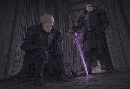 Char1 (1tall caucasian man, middle aged, Long dark hairs, combed back hair,),BREAK, (dark armor, magical sword, magical ornemants, black cape with purple lining),BREAK, (Exploring, cautious attitude, dynamic pose, full lenghth,),BREAK,(dark fantasy, medieval city),BREAK,(masterpiece), score_9, score_8_up, score_7_up,4k, source_anime, ((high quality)), absurdres, (best quality), newest, HDR