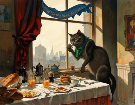 <lora:chzcat:1>, This image is a digital painting depicting a whimsical, surreal breakfast scene. The central figure is a large, anthropomorphic gray cat with a playful, mischievous expression, standing menacingly on the windowsill. The cat has a green scarf around its neck and is holding a coffee mug in its left paw. Its right paw is extended towards the table, as if reaching for something., 
The table, positioned in front of the window, is cluttered with breakfast items. On the left side, there are two loaves of bread, a coffee pot, and a teapot. In the middle, a stack of pancakes with syrup and a plate of scrambled eggs are arranged neatly. On the right side, there are two orange juices, one in a glass and the other in a mug. A white cloth is draped over the table, and a blue banner with the text "Good Morning, Have a Nice Day" hangs above the window., 
The background reveals a foggy, misty morning scene with a city skyline visible through the window. The colors are warm and inviting, with a mix of browns, greens, and oranges dominating the scene. The style of the painting is vibrant and expressive, with a touch of fantasy and whimsy.