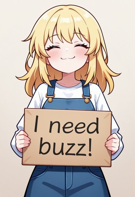 1girl, standing, smug, blonde hair,happy, ,need_buzz, holding sign
