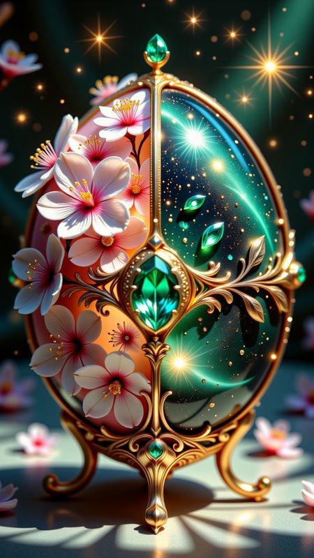 reij-ccntdlty, still life setting of dual nature, an FabergÃ©-Egg, 2 parts of duality, (egg frame decorated with gemstones and display of art nouveau opulence), (left half of the FabergÃ©-Egg is made of cherry blossoms) and (the right half of the FabergÃ©-Egg is made of emerald). A dynamic macro photograph of a dual-themed FabergÃ© Egg, emphasizing its spectacular contrast between nature and opulence. The left half is a delicate cascade of cherry blossoms, their soft petals meticulously detailed to capture their natural texture and subtle veins. The right half radiates with vibrant emeralds and a soft dusting of glittering stardust, shimmering like a galaxy encapsulated in fine jewelry. The eggâs Art Nouveau frame, adorned with intricate golden vines and gemstones, adds an air of timeless sophistication. Captured with dramatic lighting, the warm glow on the cherry blossoms transitions seamlessly to a cool, radiant light over the emeralds, creating a striking juxtaposition. Shadows dance across the background, further enhancing the eggâs magnificence and elevating its dual-nature theme. <lora:Duality-000006:1>, reij-ccnt, accent details, <lora:accent4FLUX:0.3>