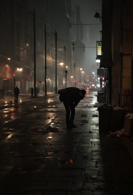 pile of garbage, street, modern city at night, drunk man vomiting, streetlight reflections, puddles of filth <lora:sd_xl_offset_example-lora_1.0:0.4> <lora:Projext_X2:-1.0> <lora:Night_in_Tokyo_by_Styx:0.75>