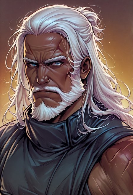 GodslpacomicstyleV1.0IL masterpiece, best quality, 1boy, dark-skinned male, scars, face scars, white hair, long hair, beard, mustache, facial hair, dark skin, very dark skin, african male, drelocks,