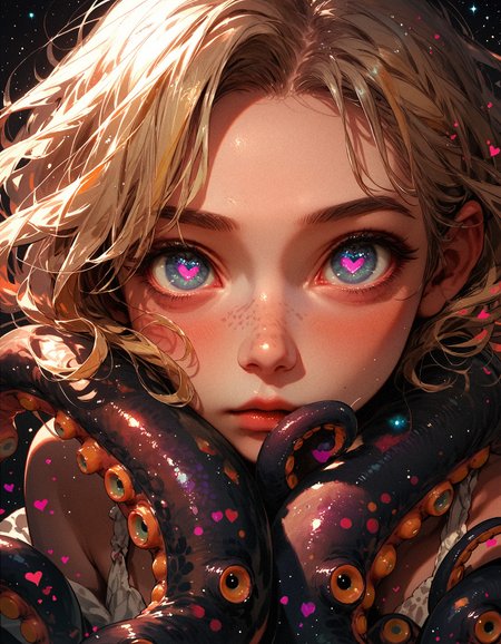score_9, score_8_up, score_7_up, score_6_up, score_5_up, score_4_up,  girl and an octopus, (black:1.3) octopus, girl has blonde hair and blue eyes, pink heart, small eyes, galaxy, black background