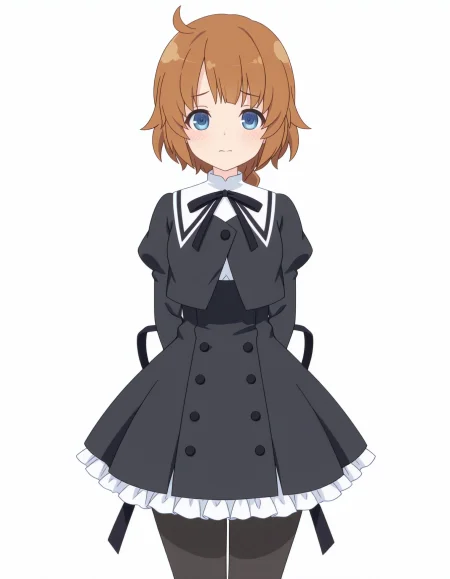 masterpiece, best quality, high quality, 1girl, solo, futagawa fumi, assault lily, <lora:iAssaultLily:0.85>, school uniform, black pantyhose, standing, cowboy shot, arms behind back, looking at viewer, shy, simple background, white background,
anime screenshot, anime coloring, flat color, masterpiece, best quality, very aesthetic, aesthetic, absurdres, highres, detailed, beautiful color, amazing quality, sensitive