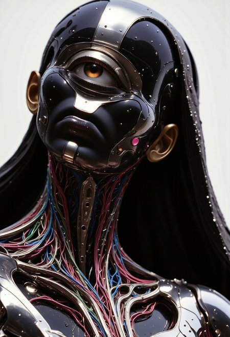 impressionist classical-style painting of a highly detailed, fantasy scene with a dramatic, robotic aesthetic. The central figure is a female robot. Her head and body are made of shiny and smooth metal with multi-colored, exposed wiring going down her neck creating an organic mosaic pattern. She is a biomechanical robot with Chrome Skinned and there are wires jacked into her face. Her cyclops eye is an intense silver color with light silver eyeshadow, and her lips are a rich, deep silver color. There is a missing panel on her cheek. A spot light focuses on her from above. She is bald and blending in with the white background. She is facing you and looking up into the sky intensely. The overall impression is one of dramatic beauty, with an almost otherworldly quality.  (((ultra-realistic style))), realistic soft lighting, dark, eye-catching, atmospheric lighting, natural, shallow depth of field, (highlights: 0.8), high detail (dynamic, cinematic shot, film grain, bokeh, depth of field,