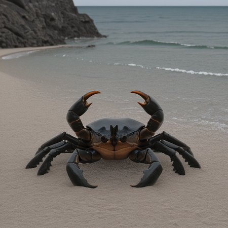 masterpiece, best quality, amazing quality, very aesthetic, high resolution, ultra-detailed, absurdres, scenery, photorealistic, Prompt, BREAK, depth of field, photorealistic details, volumetric lighting,source_photo,solo,no humans,animal focus, arthropod limbs,crab,crab claws,crab focus,beach, sand,giant crab,katana in sand