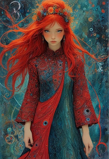 The composition includes female, red long dress, long red hair with glitter,  fashion photography painting, in the style of teal and gold. in the background, tintricate stunning highly detailed, abstract, trippy, 60s style, op art, dark blues and blacks, patterns, hypnotic, art by careening into peace.