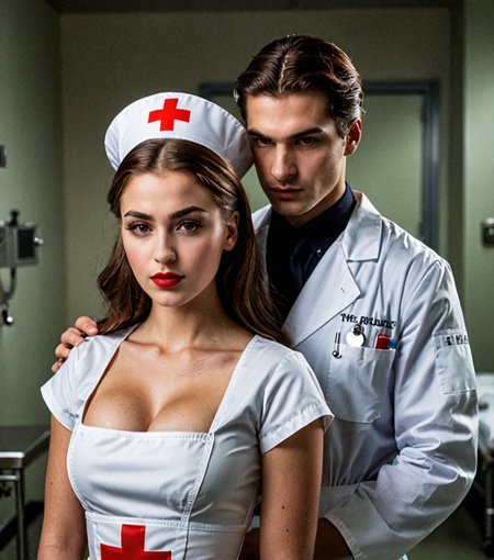 detailed girl skin, 19th century, in the morgue, the (girl is slender, attractive girl, her light brown eyes are large and expressive, dark eyebrows, the girl's lips are plump, curvy, medium soft natural breasts, hourglass figure, flushed face) stands near the the wounded warrior man, she holds a scalpel in front of her eyes, she is dressed in a hospital nurse outfit and a nurse's hat with a red cross, her red pony tail haircut with a reddish tinge, Negative Prompt