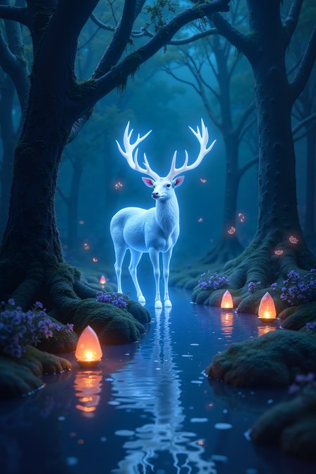 An enchanted forest illuminated by the soft glow of bioluminescent plants, with towering ancient trees covered in luminescent moss. In the center, a mystical, ethereal deer with antlers made of crystal stands in a pool of shimmering water, surrounded by delicate fireflies and floating lanterns. The scene exudes a tranquil, magical atmosphere with a deep sense of wonder. Hyper-realistic details capture the intricate textures of the deer's fur, the water's reflection, and the glowing plants. The color palette is a blend of deep blues, purples, and greens, creating a dreamlike, surreal ambiance. Masterpiece, award-winning artwork, full of detail, 16k resolution, epic realism, mystical, fantasy world.