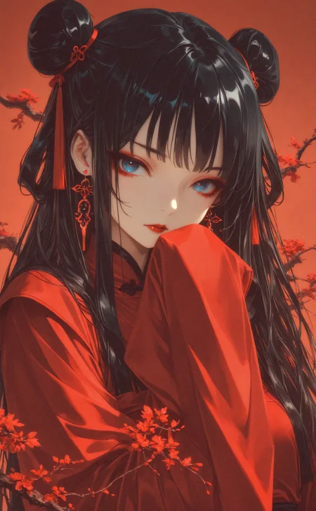 masterpiece, best quality, amazing quality, 1girl, solo, long hair, looking at viewer, blue eyes, black hair, long sleeves, delicate red hanfu, closed mouth, upper body, earrings, hand up, hair bun, sleeves past wrists, double bun, sleeves past fingers, branch, red lips, LeIsT0_illu
simple background, <lora:noobai_ep11_stabilizer_v0.138_fp16:0.3> <lora:LeIsT0_style:0.85> <lora:lpc_v10:0.65>