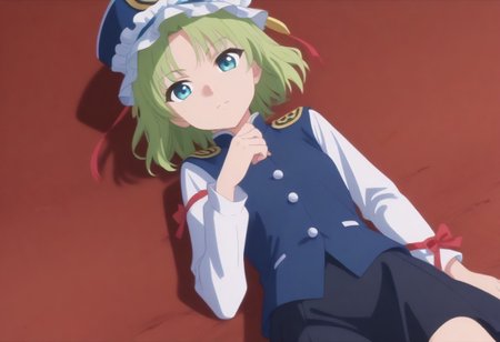 1girl, solo, solo focus, highres, absurdres, shikieiki, green hair, frilled hat, blue eyes, blue headwear, short hair, bangs,
long sleeves, black skirt, white shirt, blue vest, red ribbon, epaulettes, small breasts, arm ribbon, buttons, 
looking at viewer, lying, on back, 
spider lily, flower field, night sky, red sky, dark, red theme,