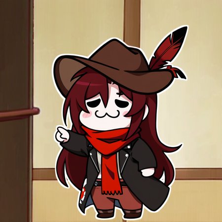 masterpiece,best quality,meme,
yuridori,chibi,:3,<lora:yuridori_noob1:0.8>,
1girl,solo,red hair,black cowboy hat,hat feather,red scarf,black jacket,<lora:JXXL_il_V1:1>,