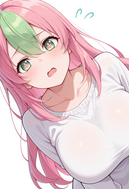 masterpiece,high quality details, absurdres, 
 <lora:Sakura_Kusagakure:0.8>
sakuracnr, 1girl,two-tone hair, green hair, pink hair, long hair,hair between eyes, green eyes, symbol-shaped pupils, large breasts,, simple background, white background, dutch angle,solo,, frustrated,open mouth,, ^o^,