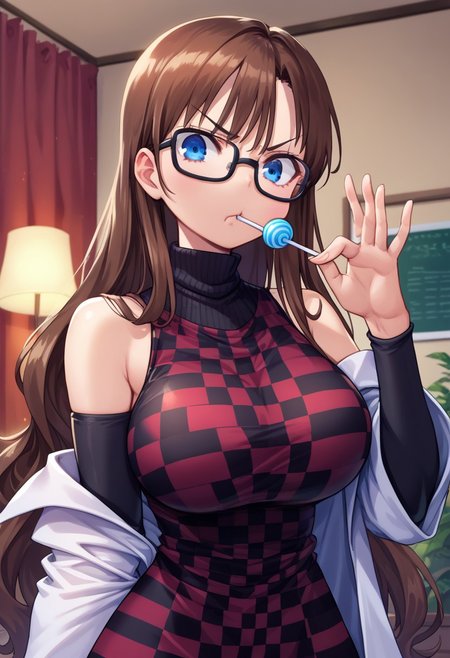 score_9, score_8_up, score_7_up, score_6_up, source anime, solo, 1girl, indoors,
blue eyes, brown hair, glasses, long hair, very long hair, black-framed eyewear, black sleeves, checkered clothes, checkered dress, large breasts, detached sleeves, dress, lab coat, turtleneck, sighting, puffy cheeks, puffed out cheeks, annoyed, lollipop,