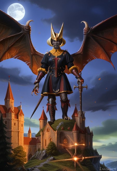 Masterpiece, best quality, amazing quality, absurdres, highly detailed, very aesthetic, fantasy, classicfantasy, classicfantasy art, Devil Trigger, monster form, monster, wings, horns, black skin,l, amber glow, claws, fangs, holding weapon, medieval, castle, night,