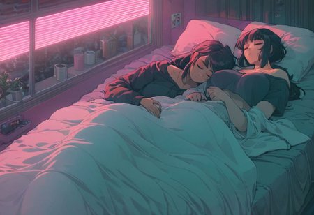 score_9,score_8_up,score_7_up,score_6_up, 2girls, both girls in bed, next to each other, both are sleeping,
 sleeping in bed next to a large window, eyes closed, sleeping, steaming coffee cup on windowsill, wearing croptop hoodie, black croptop hoodie, long hair, black hair, low ponytail hairstyle, head resting on pillow, laying on the bed, hoodie, plants on the windowsill,  facing viewer,  tidy bedroom, small room, cramped bedroom, teddies on the bed, pink pillows, wearing legging, see through thights, black tights, cyberpunk city view out of the window, neon light, purple neon lights,