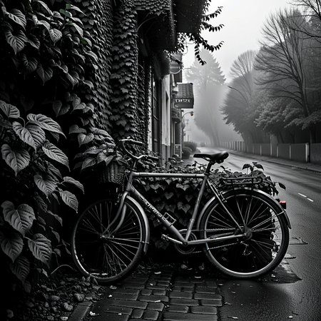 Moody monochrome photo.

Misty. A bicycle leans against an ivy-covered wall.

<lora:MoodyMono01_CE_XL_200-OT:0.4> mdymnoCE_style