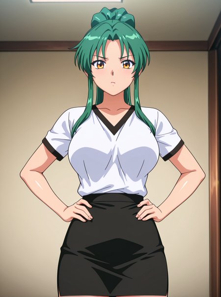 masterpiece, best quality, amazing quality, very aesthetic, absurdres, newest,shiny skin  anime screenshot,  anime coloring, looking at viewer,    <lora:AfterClassLesson:1>1girl, solo,greenhairgirl green hair, ponytail, white_Shirt pencil_skirt ,  hands on own hips,