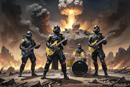 <lora:PACIFICA612VIIFM_SDXL_V1:1> <lora:lora:0.8> (closeup Painting illustration artwork masterpiece:1.2), ((A rock band of four Helldivers standing on a rock in front of a charred war torn landscape. A huge nuclear explosion fills the horizon in the background. Dynamic rock and roll poses. Orbital strikes and bombs falling down. Jets soaring in the sky.)) <lora:SDXL_add-detail-xl:2>  <lora:FireBreath:0.4>
BREAK
(playing a black and yellow bass guitar with long neck:1.44). (standing slightly in the back, wearing a torn black cape and heavy Helldiver armor:1.4)
BREAK
(playing a black and yellow guitar breathing flames from guitar head:1.64). (shredding his guitar in a dynamic rock and roll pose in the front, wearing a burning black cape:1.4)
BREAK
(sitting behind a complete drumkit,  slightly in the back, wearing a yellow cape:1.5)
BREAK
(playing a black and yellow guitar:1.24). (standing slightly in the back, wearing a black and yellow striped cape:1.34)