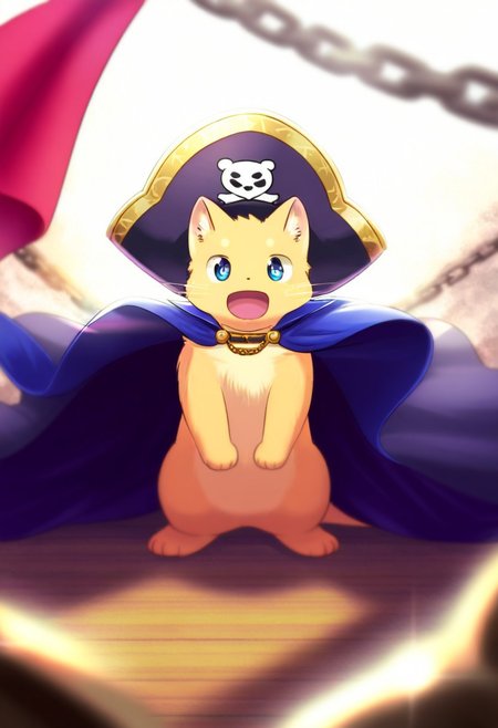 1boy, by zuppu11, solo focus, male focus, cute, blue eyes, cape, yellow cat, chain, flag, furry male, no humans, open mouth, pirate, pirate hat, looking at viewer, sidelighting, backlighting, depth of field and lens flare, highly detailed, detailed background, kemono, furry, full body, masterpiece, best quality, very aesthetic, absurdres