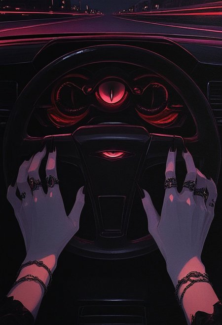 DRKWB, ring, jewelry, pov, black nails, motor vehicle, bracelet, eye focus, ground vehicle, car, fingernails, glowing, red eyes, 1other, pov hands, 1girl, multiple rings, looking at viewer