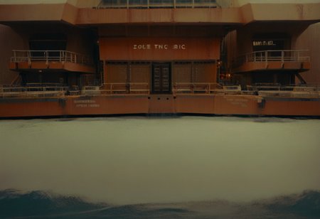 score_9, score_8_up, score_7_up, score_6_up, score_5_up, score_4_up, an oil rig in the middle of the ocean with scaffolding and scaffolding on it, outdoors, water, english text, no humans, building, scenery, watercraft, boat, Industrial_Futurism,