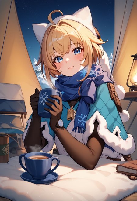 score_9, score_8_up, score_7_up, 1girl, smooth_anime,  LynxLandau, solo, blonde hair, short hair, ahoge, blue eyes,  fur-trimmed blue capelet, scarf, winter clothes, sweater, fur trim, white vest, blue pantyhose, wristwatch, black elbow gloves, long sleeves, hat, pendant, whistle, snowflake print, thigh_holster, mug with hot tea in hand, steam trail from mug, looking at viewer, tent, siting inside tent, tent background, snowy mountains.