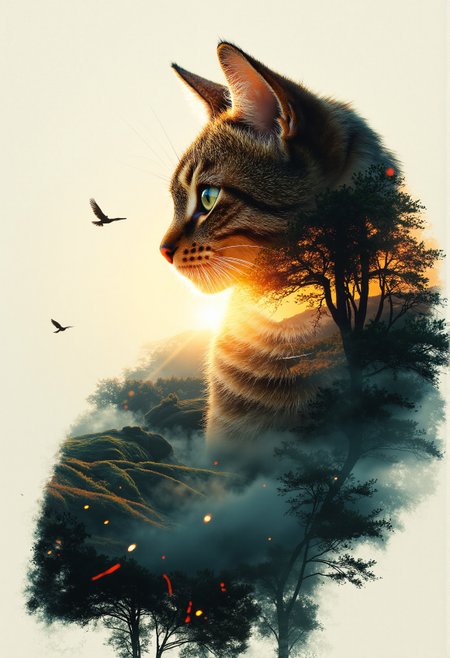 A highly detailed and cinematic double-exposure portrait of a majestic cat, its shape elegantly dissolving into a breathtaking sunset landscape with rolling hills and ancient trees. The golden light of the sun filters through the branches, casting intricate shadows within the cat’s form, while soft mist envelops the distant horizon. The feline’s fur appears to shimmer in the warm evening glow, with individual strands catching the light like tiny golden threads. The blending of the cat and nature is seamless, creating a surreal yet peaceful atmosphere, while small floating embers and dust particles enhance the depth and dreamlike quality of the artwork.
 <lora:aidmaMJ6.1-FLUX-v0.5:0.7000000000000001> <lora:FluxDFaeTasticDetails:0.3>