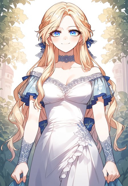 zPDXL3, score_9_up, score_8_up, score_7_up, (Anime_source), 1girl, DorotheaMillanaire, blue eyes, blonde hair, long hair, Dorothea dress, braid, cowboy shot, from front, looking at viewer, cowboy shot, standing, smile, blush
