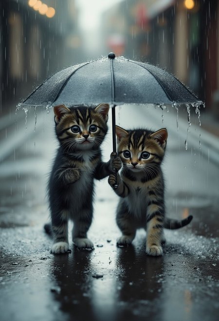 a small, black-and-white spotted kitten walks alone in the rain, its fragile body drenched as water pours down, with wide, anxious eyes scanning the empty, dry street around it. next to it, a slightly larger tabby kitten holds a tiny umbrella over the black-and-white kitten, shielding it from the downpour. the contrast between the dry street and the isolated rain enhances the sense of vulnerability, while the soft lighting and gentle shadows highlight the tender moment between the two kittens. the scene evokes deep sympathy, capturing the bond between them as they seek shelter together. emotional lighting, cinematic focus, soft contrast, melancholic yet heartwarming tone