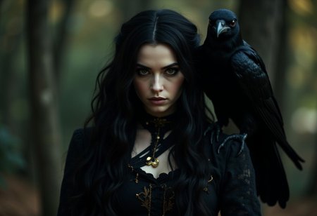 A very real witch. Long hair, bright eyes, sulking, eye contact, crow companion, masterpiece. alienzkin, halloween, witchy outfit, Halloween Theme.