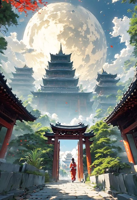 sky, pagoda, temple, gate, torn pants, human, forehead marks, blur, plants, floating, Spirited Away