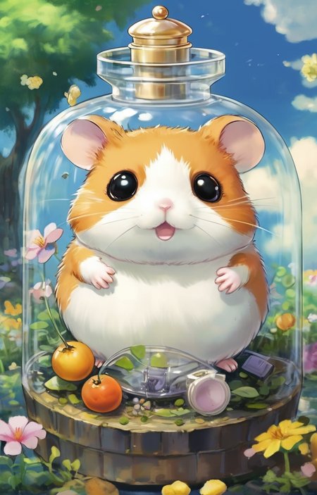 masterpiece,best quality,<lora:tbh253-sdxl:0.9>,illustration,style of Hamtaro A bottle of perfume in garden
