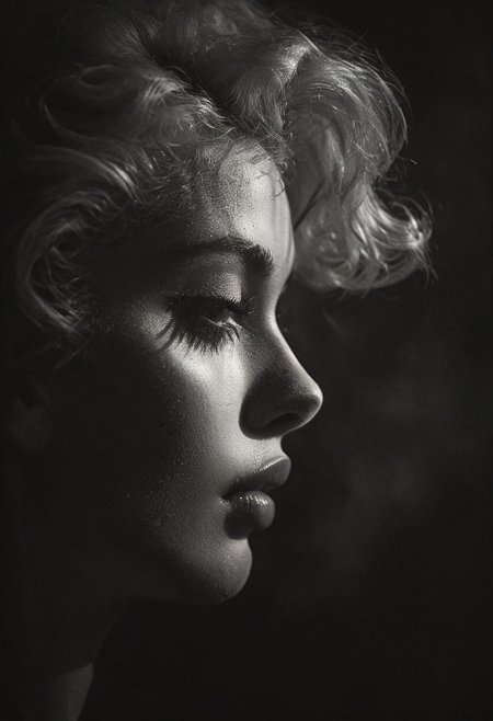 dark photo, profile shot, extreme closeup portrait of Marylin Monroe, vignette, highly detailed, moody, epic, gorgeous, film, atmospheric haze, dynamic lighting, award winning photo