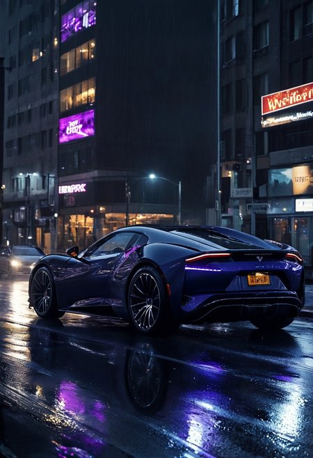 ((masterpiece, best quality, high quality, highres, ultra-detailed)),A futuristic sports car SPEEDING ,with a wide-angle view of the sleek,black vehicle's chrome accents reflecting off the wet pavement,while the driver's face is bathed in the warm glow of the dashboard,set against a moody,nighttime urban backdrop with deep blues and purples dominating the color palette,showcased in a visual novel style with a selective focus on the car's sharp lines and curves,enhanced with extremely rich,cinematic detail.,<lora:Midjourney_Whisper_Chromaplex_Velvet_Myst_v01:0.5>,velvet_myst,<lora:Dont_Stop_Me_Now:0.8>,<lora:Dark_Gray_Photography:0.3>,d0ntst0pm3n0w,
