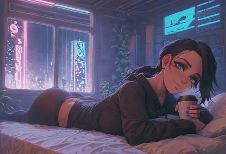 score_9,score_8_up,score_7_up,score_6_up, 1girl, 
 sitting in bed next to a large window, holding coffee cup, steaming coffee cup on windowsill, wearing croptop hoodie, black croptop hoodie, long hair, black hair, low ponytail hairstyle, pov from outside, view from putside the window looking into the room, looking out window, head resting on pillow laying on the bed, hoodie, plants on the windowsill, looking out the window, looking at viewer, background is the bedroom, tidy bedrrom, small room, cramped bedroom, teddies on the bed,, wearing legging, see through thights, black tights, cyberpunk city view out of the window, neon light, purple neon lights, has a vape