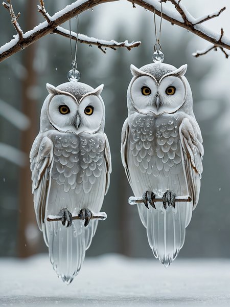 award winning photo, 

Artistic, Crystallized translucent icy (ice owls:1.95) hanging in the snowy air,