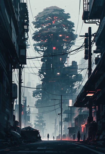 score_9, score_8_up, score_8_up, color charcoal drawing, (((cyberpunk robotic tree grows out of the street))), crater, glowing tree, falling paper, ground covered in trash, anime, cyberpunk, muted blues and grey color scheme, ruanyi0779,science fiction,neon lights,cable,industrial pipe
