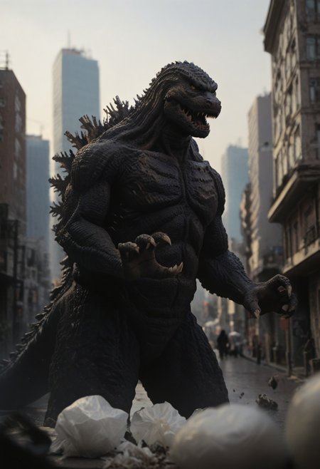 Score_9, score_8_up, score_7_up, score_6_up, zPDXL3, wide shot, monster focus, BREAK, realistic,hyperrealism,ornate,studio photograph, skinny Godzilla kaijuu,gigantic monster,  Claw pose, model_buildinga, model_kit_(medium), city skyline, plastic buildings, forced perspective, blurry background, building, outdoors,
