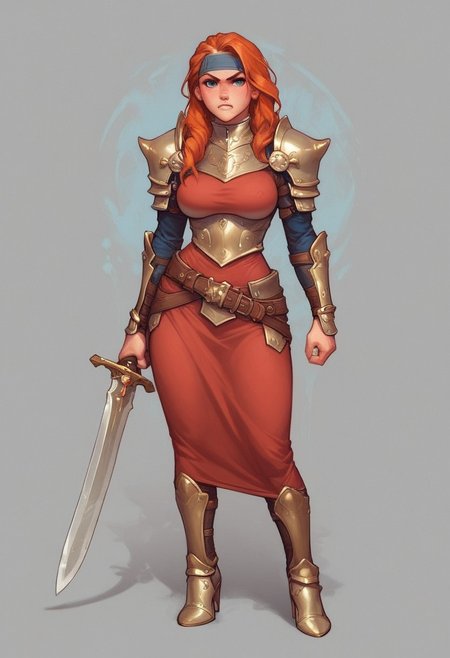 score_9, score_8, score_7, score_6, sk3tchb00k,
1girl, solo, Kimberly_SA,, orange hair, long hair, blue eyes, rusty steel armor, short red dress, fur shoulder pads, headband, blue eyes, shoulder pads, dynamic, big natural breasts, angry,
(((full-clothed))), ((long big sword in hands, two-handed sword in hands))
dynamic pose
BREAK 
strange world background score_9, score_8_up, score_7_up, score_6_up, source_cartoon, rating_explicit, Expressiveh, (((((full body))))), dynamic pose