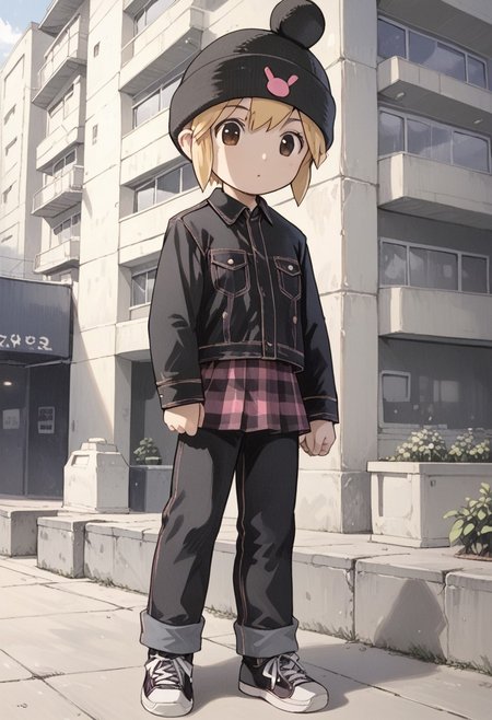 score_8, score_8_up, score_7_up, source_manga, manga_source, monochrome, greyscale, manga BREAK 1girl, female focus, solo, flat chest, usagi_kurokawa, beanie, black headwear, hat ornament, bangs, short hair, sidelocks, denim jacket, black jacket, collared jacket, breast pocket, long sleeves, skirt, pants under skirt, black pants, jeans, sneakers, black footwear, full body, building, outdoor, neighborhood, suburb,