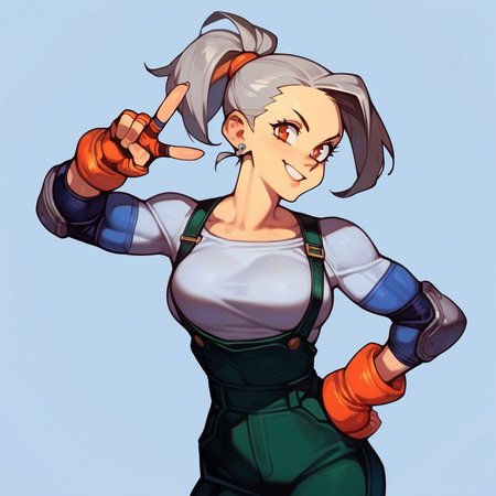 score_9, score_8_up, score_7_up, score_6_up, <lora:Epon_Tobal_-_PonyXL:0.6> solo, 1girl, epon, grey hair, cowboy shot, default outfit, dark green overalls, ponytail, elbow pads, earrings, orange gloves, grey shirt, blue elbow pads, fingerless gloves, dynamic pose, posing, smile, v, peace sign, hand on hips, head tilt, simple background, <lora:[GP] somethingweird [Pony XL]:1>