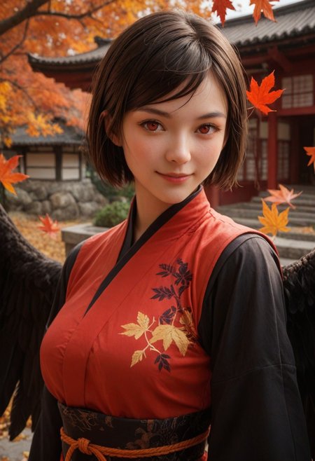 score_9, score_8_up, score_7_up, score_6_up, 
1girl, 25 years old, perfect face, looking at viewer, 
red eyes, 
black hair, short hair, swept bangs, pom pom (clothes),
kung fu dress, puffy short sleeves, 
black wings, feathered wings, 
autumn, autumn leaves, Japanese architecture, 
 shy smile, blush,
portrait, face focus, detailed face, shy smile, blush