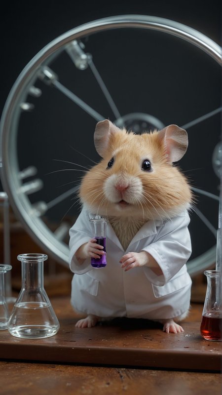 A mad scientist hamster in a tiny lab coat, conducting bizarre experiments with miniature beakers and test tubes in a secret lab hidden inside a hamster wheel
Ultra realistic, professional photo, uhd, 8k
<lora:add-detail-xl:1>
<lora:CinematicStyle_v1:0.7>
OverallDetailXL