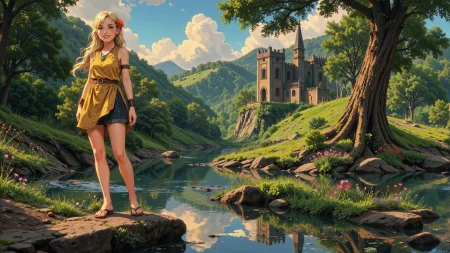 razor cut dark blonde hair young woman, druid, anime, illustration, extremely detailed, portrait, standing, happy smile, flower in hair, glossy lipstick, celtic necklace, spiral earrings, loincloth, sandals,  Dark Yellow druid short dress, legs, sharp focus, fantasy, celtic landscape, small rock, moss, ripples, reflections, celtic  castle, small river pond, druid forest, druid village, stunning nature environment, enchanted land, clovers, Bright Vibrant Pink flowers, best quality, colorful, wet floor, bright sunny sky, sunset, raytracing, hdr, high contrast, ethereal natural lights, backlight, lens flare, shadows, vibrant colors, colorful, pretty, beautiful, happy, smiling, feminine, sexy, lovely, in love, adorable, fashion,  <lora:Hand v2:1> <lora:Anti-Blur:1><lora:Insane Detail Slider:0.5>  <lora:flux.1_lora_flyway_Epic-detail_v2:0.3><lora:fluxenhancer:0.5> <lora:RetroAnimeFluxV1:0.4> <lora:Luminous_Shadowscape:0.4> <lora:SujatmikoArafuru_Flux:0.2> Suzume style
