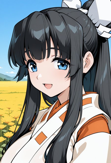 yamagami_shino, blue eyes, black hair, long hair, sidelocks, white ribbon, hair ribbon, kimono, miko, japanese clothes, <lora:fr_yamagami_shino_illustrious_ver1:0.8> 
huge breasts, smile,, masterpiece, best quality, general,, 1girl, solo, (field:1.2), (blue sky:1.2), looking at viewer,, (upper body:1.2), (close-up:1.2), (facing viewer:1.2), (open eyes:1.4), (portrait:1.2)
