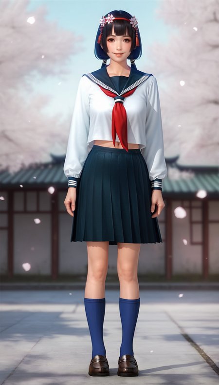 score_9,score_8_up,score_7_up,
<lora:NaotoraIi:0.9>,
naotora ii,
realistic,
1girl,solo,
black hair,blunt bangs,low twintails,
brown eyes,looking at viewer,parted lips,smile,
hair ornament,red hairband,golden scrunchie,white hair flower,
school uniform,serafuku,long sleeves,
navel,deep blue socks,leather shoes,
full body,standing,
blurry background,bloom,lights particle,outdoors,cherry blossoms,japanese style wall,vignetting,len flare,