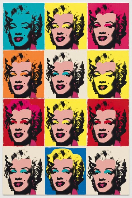 andywarhol1 illustration. A grid of 9 repeated portraits of a Marilyn Monroe inspired by 1950s Hollywood icons, each square featuring her face with bold Pop Art colors like electric blue, neon pink, vibrant yellow, and bright red. Each portrait is slightly offset, with bold black outlines and halftone textures. Some portraits are faded, grainy, or monochrome black-and-white, evoking the passage of time. The background is a flat off-white canvas <lora:andywarhol1_cap_d6a3:1.0><lora:836641169774482668:0>
