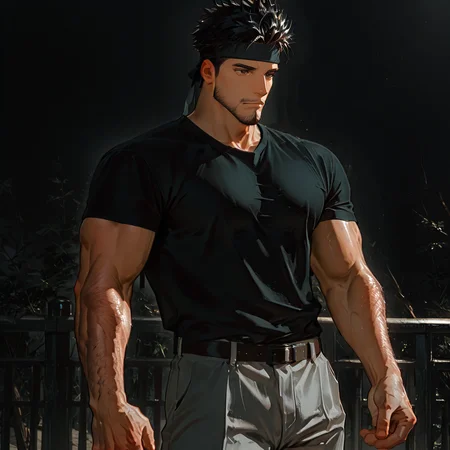 <lora:Amir_Etta_Junior-000005:.75>, amirrama, 1boy, black hair, spiked hair, brown eyes, facial hair, headband, solo, male focus, manly, mature male, shirt, pants
cowboy shot, 
(very short hair), male focus, muscular male, large pectorals, muscular male, bara, mature, (hairy body, hairy, body hair, arm hair, leg hair, hairy body, glossy skin, bara, mature, facial hair, beard, full beard, sideburn, mustache, stubble), facial hair, bara, mature, body hair, aixiwuganda_(20222192), very awa, masterpiece, best quality, absurdres, newest, perfect quality, detailed background, intricate details,<lora:slider_Body Type_alpha1.0_rank4_noxattn_last:2><lora:Anime Summer Days 2 Style SDXL_LoRA_Pony Diffusion V6 XL:.6><lora:merged:.7>, DARK, DARK BACKGROUND, LOW-KEY LIGHTING <lora:slider_cfg_scale_boost:.7><lora:Artist6p:.55>, Artist6p, Artist04p,<lora:slider_il_brightness_slider_d1:-.5><lora:slider_il_contrast_slider_d1:-.25>,<lora:slider_contract_controller_illus01_v1:.3>, <lora:addon_illustriousXLv01_stabilizer_v1.121:.5>,<lora:slider_DarkSlider1.2_alpha1.0_rank16_full_300steps:-.2><lora:Heavenly_Beauty_r1:1>, (heavenlybeauty,)<lora:slider_style_strength_controller_illus01_v1:.25>